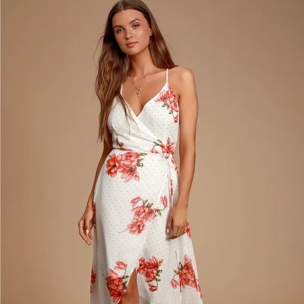 Lulu’s Loiselle White Floral Print Polka Dot
Wrap Maxi Dress - NWT